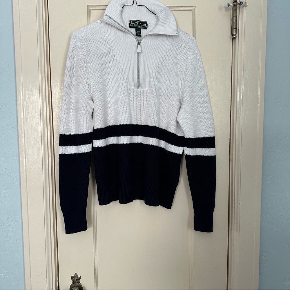 Lauren Active Ralph Lauren Sweater Ribbed Knit Nautical Navy White L - Picture 2 of 10